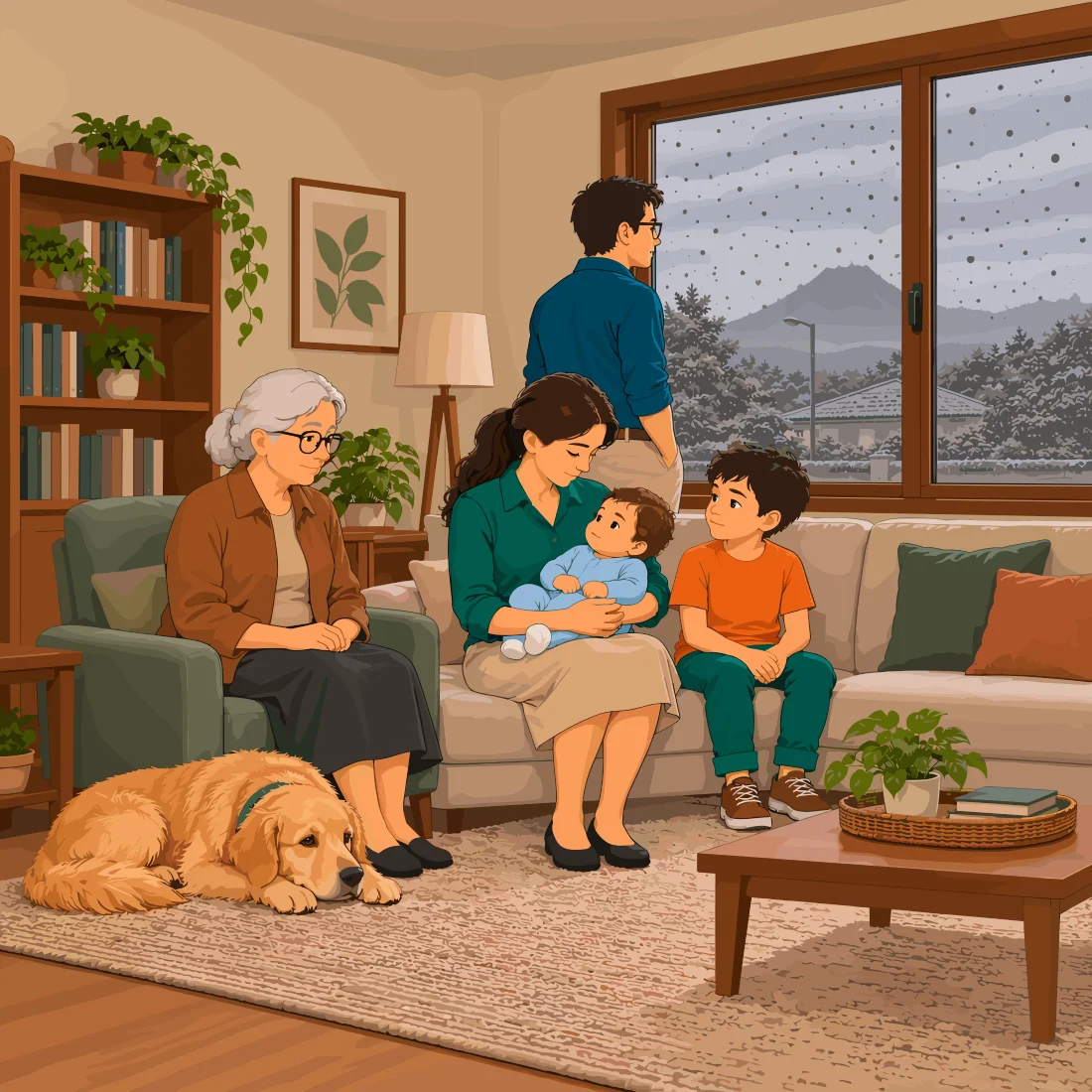 Una familia reunida en su sala —abuela, madre con un bebé y un niño en el sofá, padre de pie y el perro en el piso— mientras cae ceniza al otro lado del ventanal.
