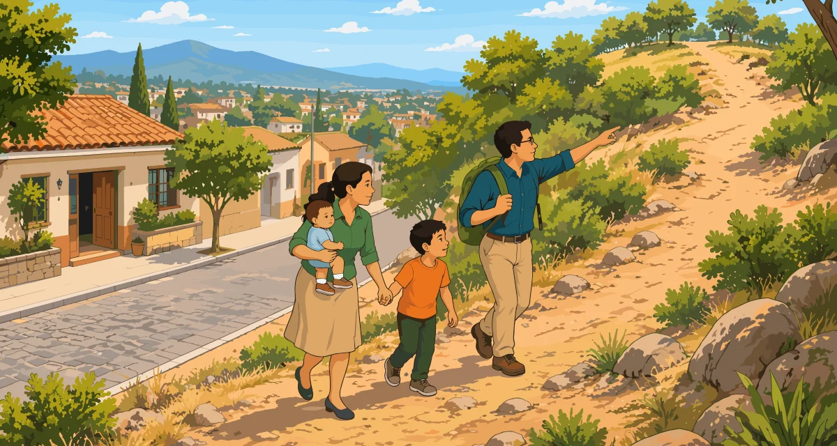 La Madre con el Bebé en brazos, el Hijo de la mano y el Padre con una mochila suben por un camino de tierra hacia la loma, mientras el Padre señala el terreno elevado.