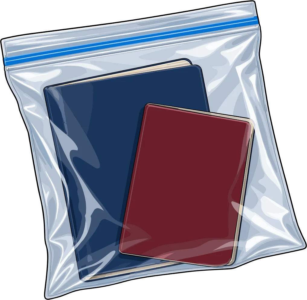 Documentos de identidad guardados dentro de una bolsa plástica cerrada.