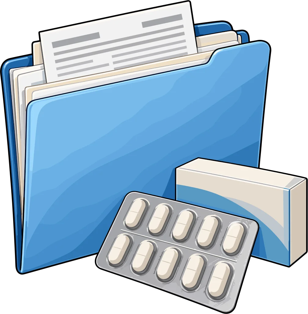 Carpeta azul con documentos y un blíster de medicamentos.