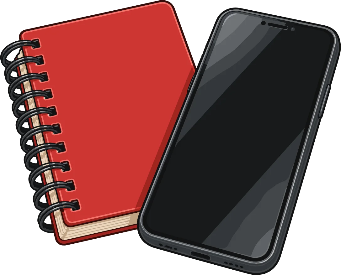 Cuaderno de tapas duras rojo y un teléfono celular.