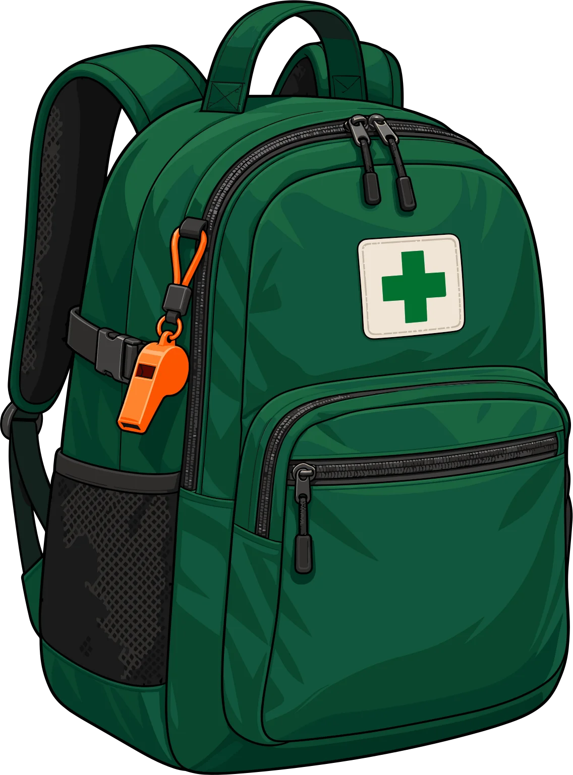 Mochila verde de emergencia con una cruz blanca.