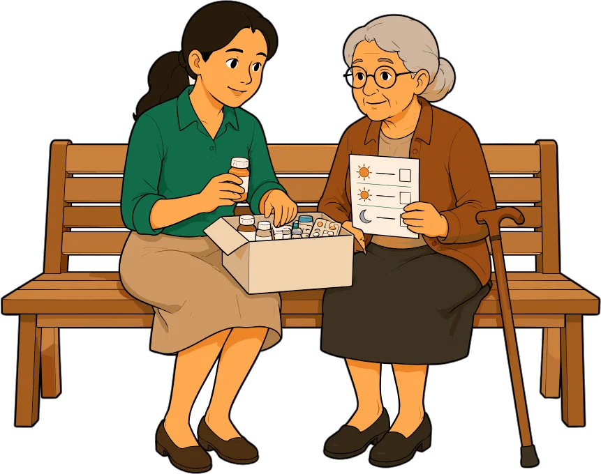La Madre y la Abuela conversan sentadas en un banco mientras revisan juntas una caja con medicamentos.