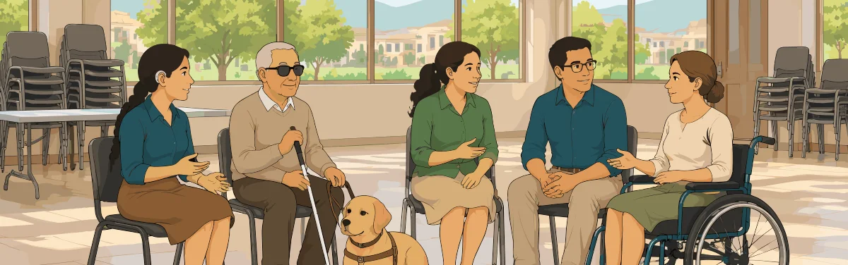 En el salón comunitario, la Madre, el Anciano con bastón y su perro guía, la Joven y el Padre conversan con la Vecina en silla de ruedas.