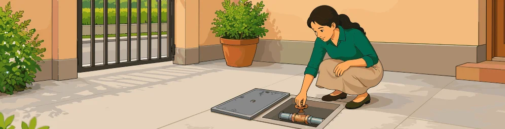La Madre se agacha en el patio para cerrar la llave de paso del agua, junto a una tapa de registro abierta.