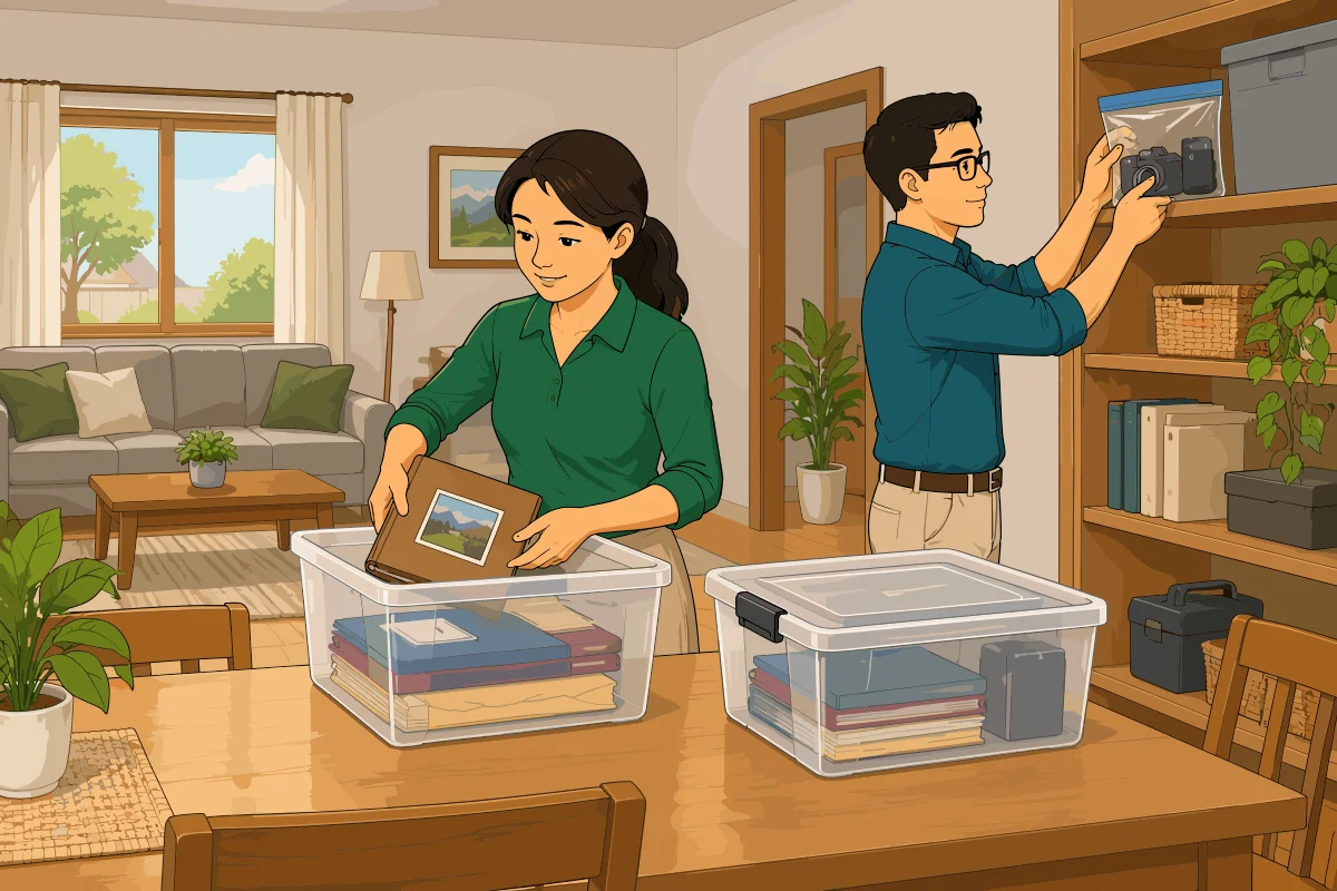 La Madre guarda documentos y un álbum de fotos en cajas plásticas sobre la mesa, mientras el Padre baja una cámara de un estante alto del living.