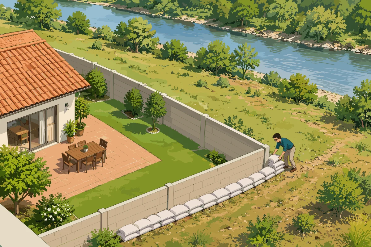 Vista elevada de una casa junto al río: el Padre acomoda sacos de arena sobre el muro bajo del jardín, del lado de la ribera.
