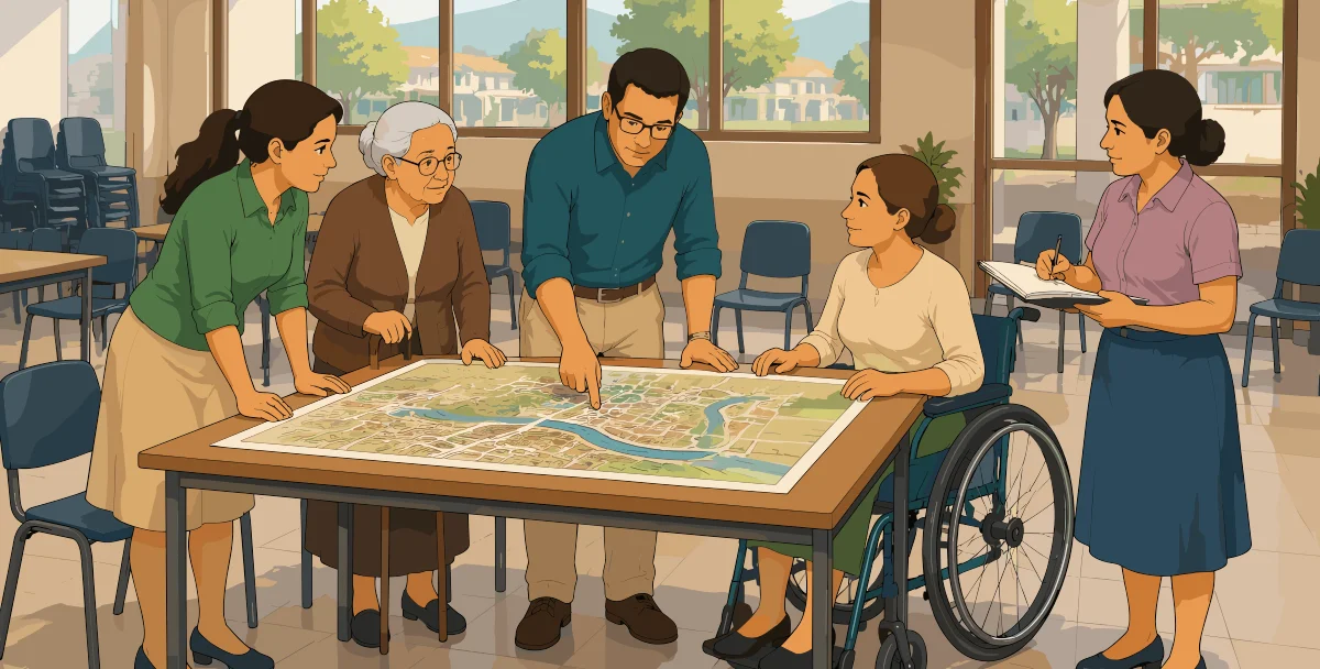Cinco vecinos, entre ellos una mujer mayor y una mujer en silla de ruedas, revisan juntos el plano del barrio sobre una mesa en un salón comunitario.