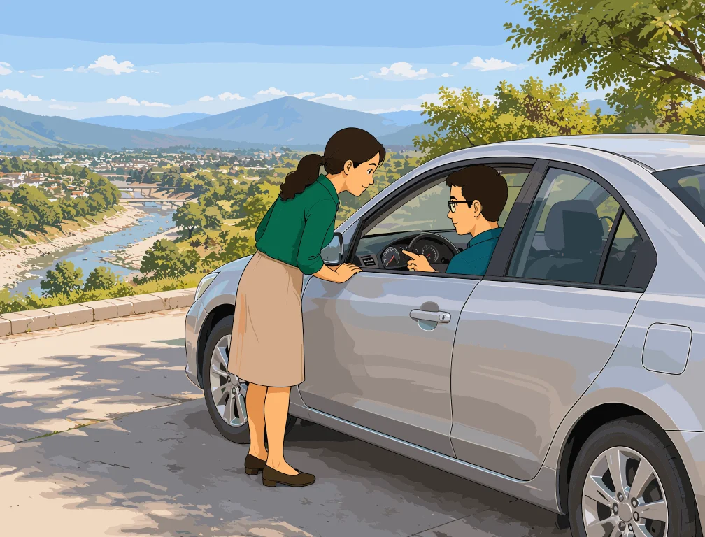 Una mujer conversa con un hombre al volante de un auto plateado estacionado en una calle alta con vista al río y al pueblo en el valle.