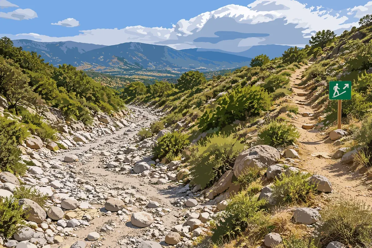 Cauce seco pedregoso entre lomas verdes con un sendero señalizado hacia terreno elevado y tormenta a lo lejos sobre las montañas.