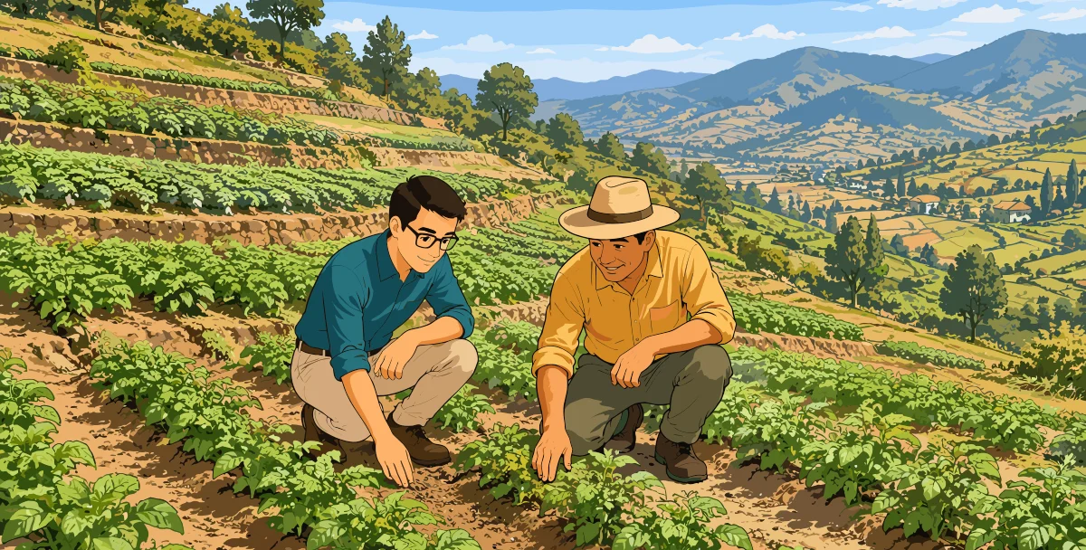 Dos agricultores revisan cultivos en terrazas verdes en ladera con surcos de conservación y valle al fondo.