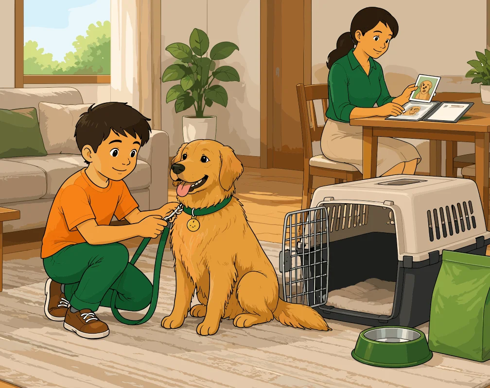 Un niño pone la correa a su perro golden retriever junto a una transportadora mientras la madre guarda fotos y documentos de la mascota en el living.