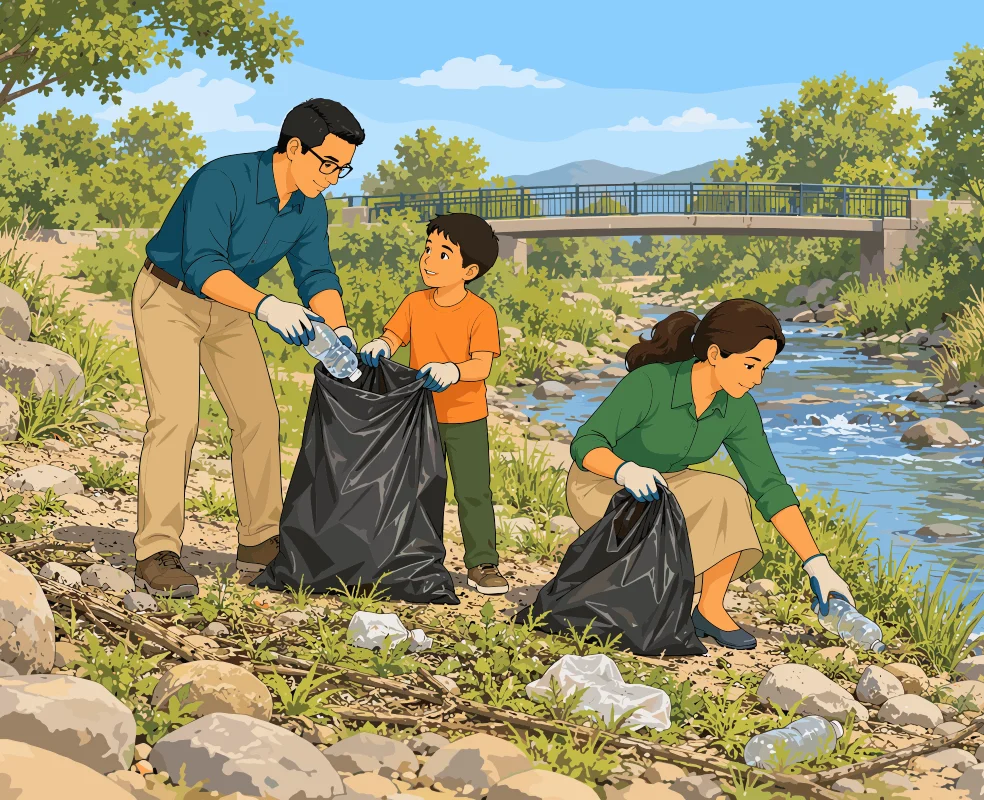 El padre, el hijo y la madre con guantes recogen botellas y basura de la orilla de un canal con un puente al fondo.