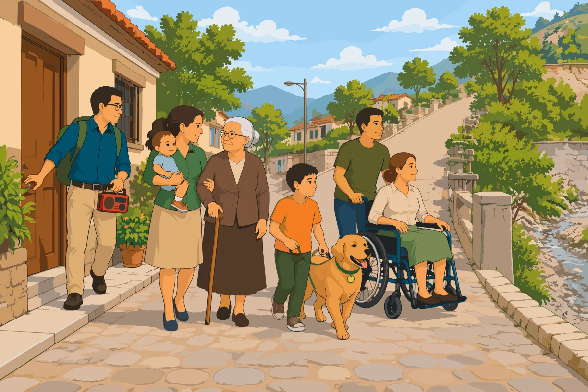 La familia con mochila, radio, bebé, bastón y perro camina junto a una vecina en silla de ruedas por una calle empedrada alejándose de la vivienda.