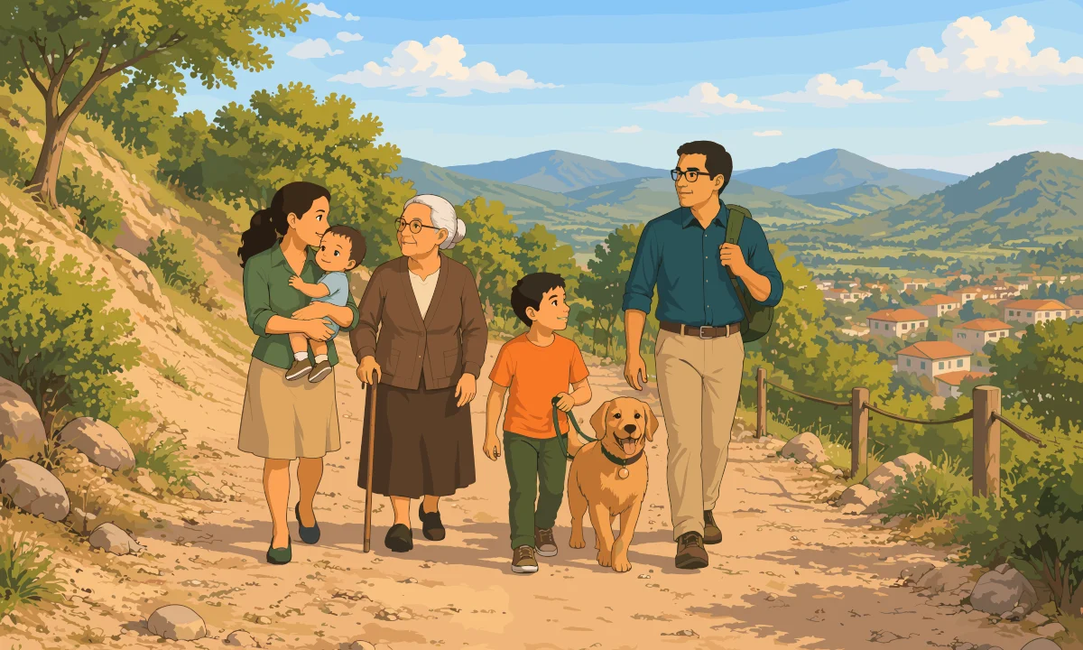La madre con su bebé, la abuela, el hijo con su perro y el padre caminan juntos por un sendero hacia terreno elevado con el pueblo al fondo.