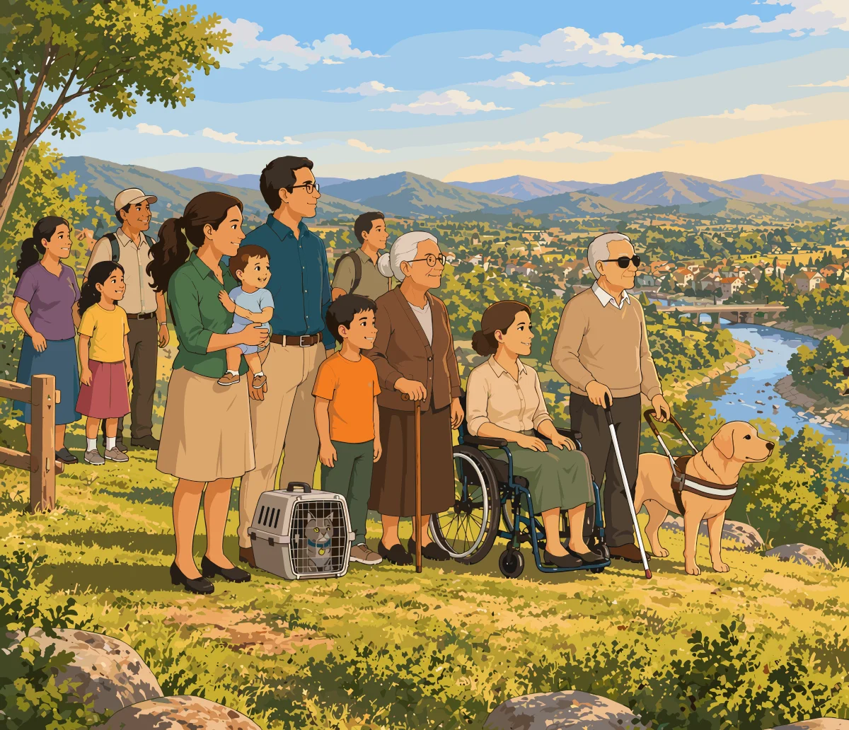La comunidad, con familias, niños, personas mayores, una mujer en silla de ruedas y un hombre ciego con perro guía, observa el valle desde la loma segura.