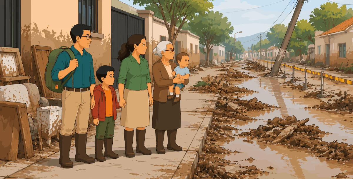 Una familia con valijas y botas observa desde la vereda el agua y el lodo que todavía cubren la calle, con muebles y una puerta apoyados contra la pared de la casa.
