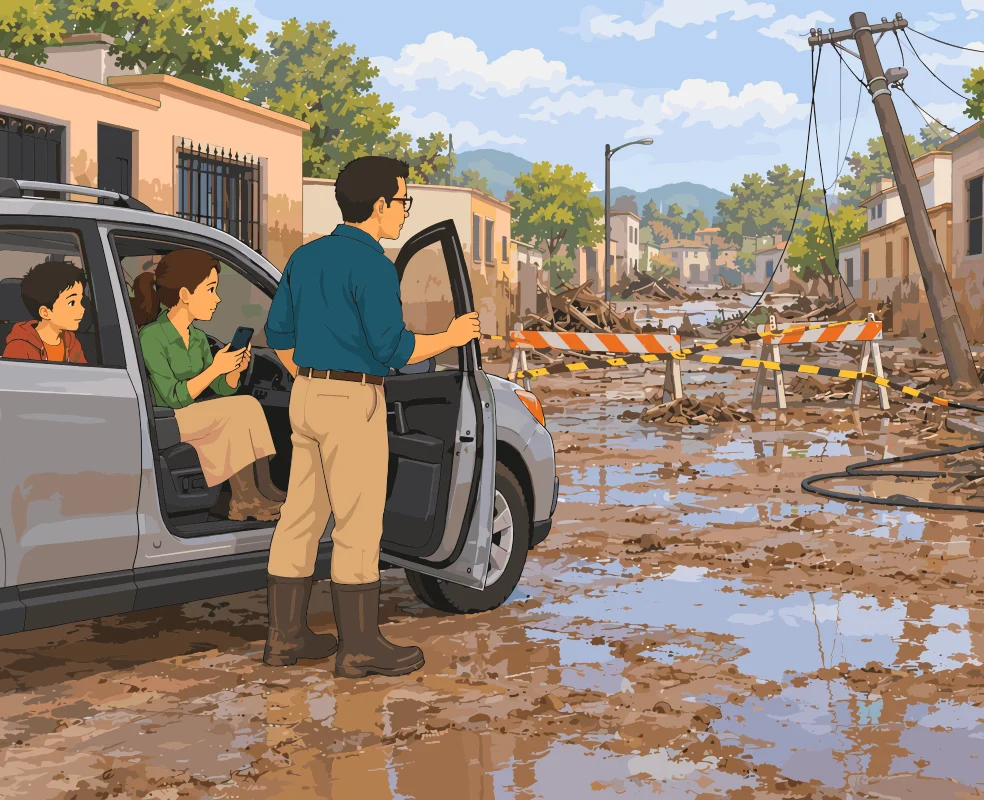 El padre, de pie junto al auto detenido con las puertas abiertas, observa la calle aún inundada, con un poste inclinado, cables caídos y vallas de peligro.