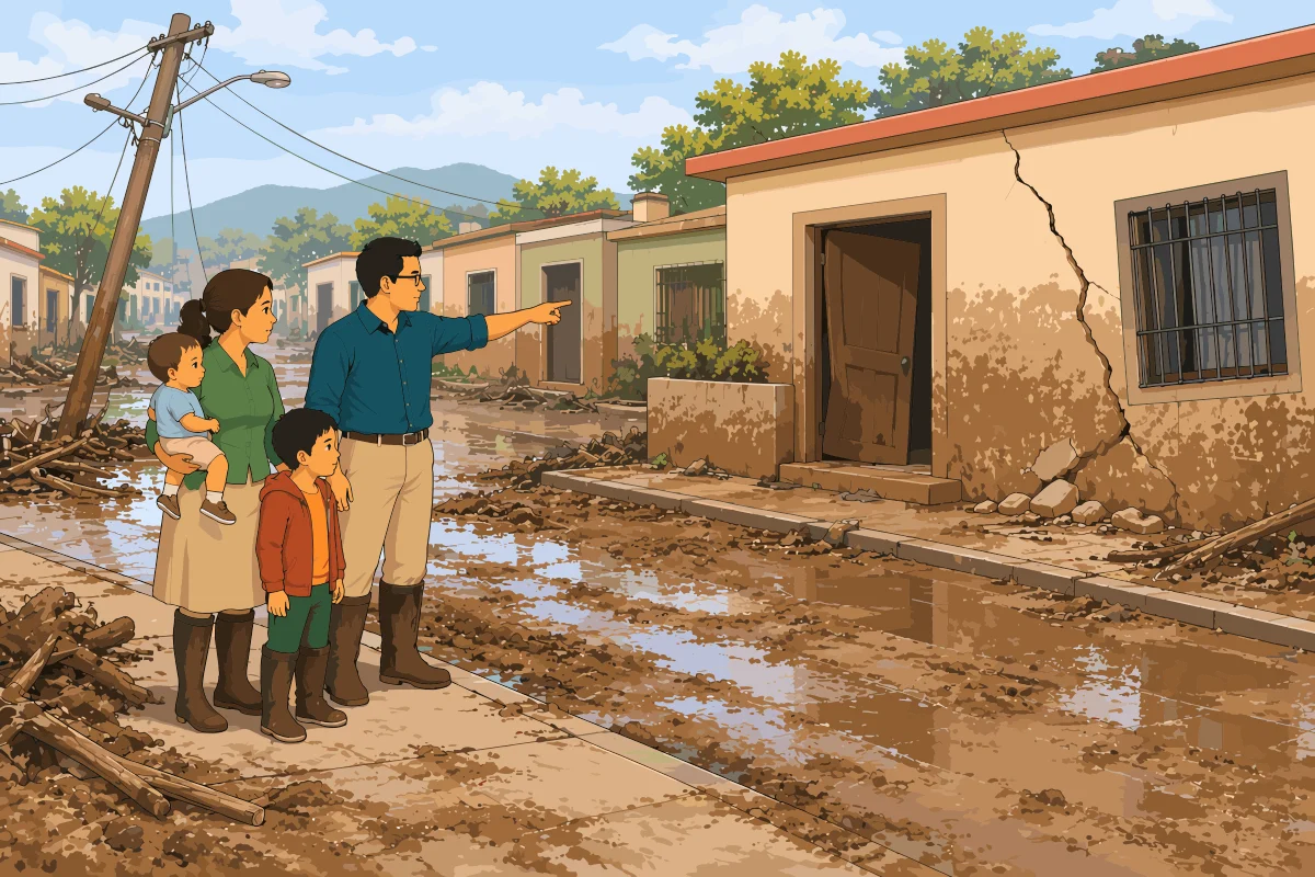 Una familia con botas observa desde la vereda una vivienda con una grieta profunda en la fachada, mientras el padre señala el daño y el agua sigue acumulada en la calle.