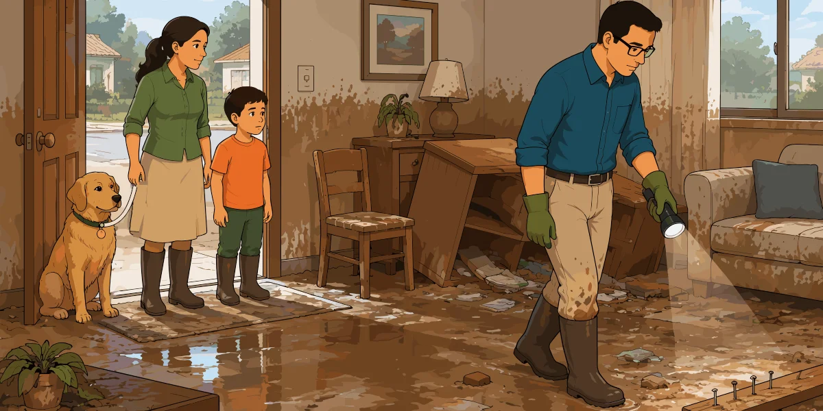 El padre, con guantes y botas, inspecciona con una linterna el interior de una vivienda con muebles volcados y lodo en el piso, mientras la madre y el hijo esperan con el perro en la puerta.