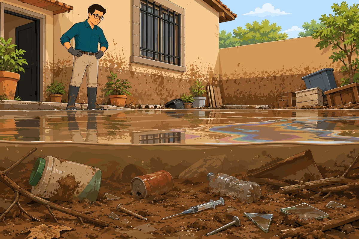 El padre observa el agua estancada con una película de aceite en el patio; en el corte bajo el agua se ven bidones, latas, jeringas y vidrios entre el lodo.