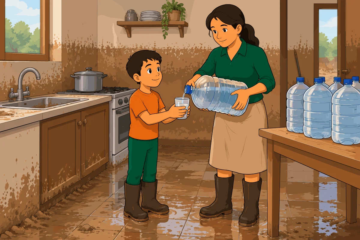 La Madre sirve agua de un bidón en un vaso que sostiene el Hijo, en una cocina con piso y paredes manchados de lodo y botellas de agua embotellada sobre una mesa.