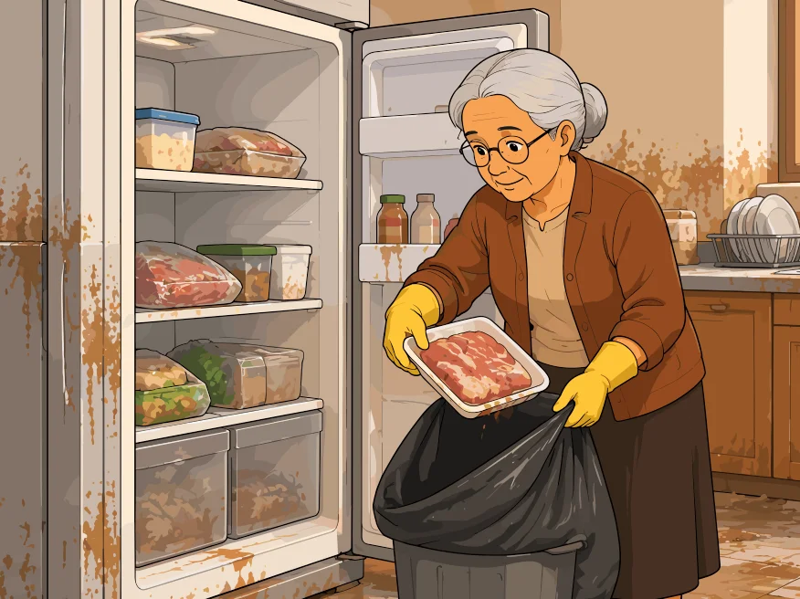 La Abuela, con guantes amarillos, saca alimentos del refrigerador para desecharlos en una bolsa de basura.