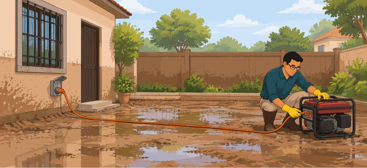 Hombre con guantes y botas manipula un generador portátil en el exterior de una vivienda inundada, con el cable conectado lejos de puertas y ventanas.