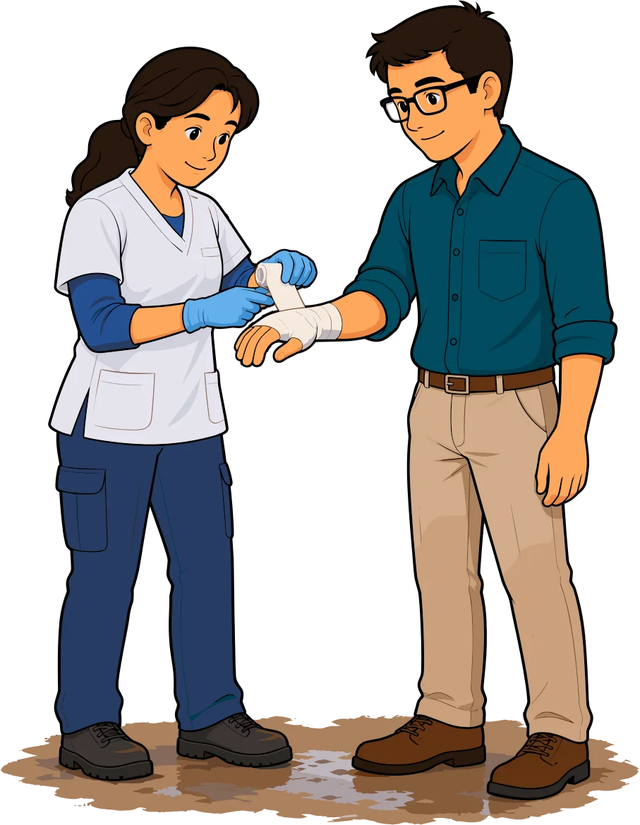 Una profesional de la salud venda la mano del Padre en un patio con lodo.