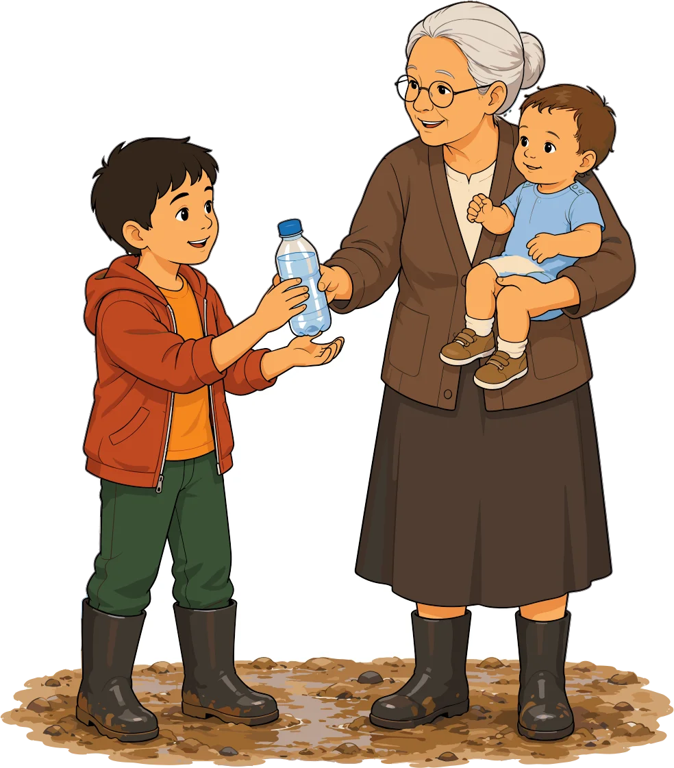 La Abuela sostiene a un bebé en brazos mientras el Hijo le entrega una botella de agua segura.