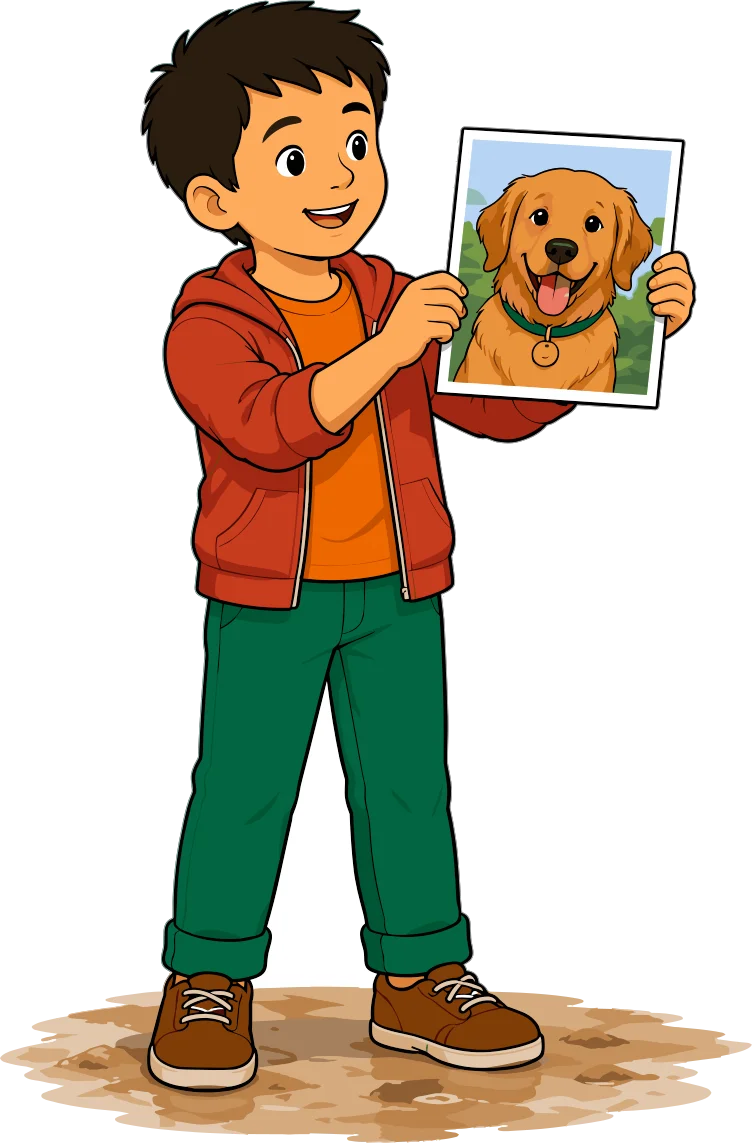 El Hijo sostiene en alto una fotografía reciente de su perro golden retriever para facilitar su identificación.
