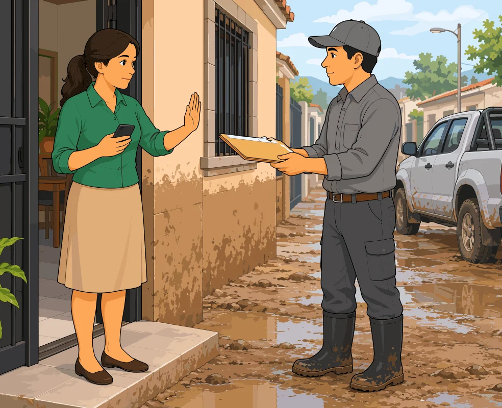La Madre en la puerta de su vivienda levanta la mano en gesto de alto frente a un hombre con gorra y carpeta junto a una camioneta.