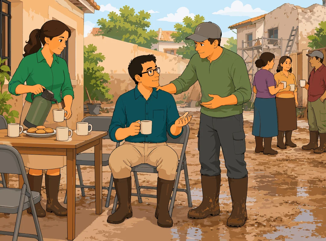 El Padre, sentado con una taza en la mano, conversa con un vecino que le apoya la mano en el hombro, mientras la Madre sirve bebida caliente de un termo y otros vecinos dialogan al fondo.