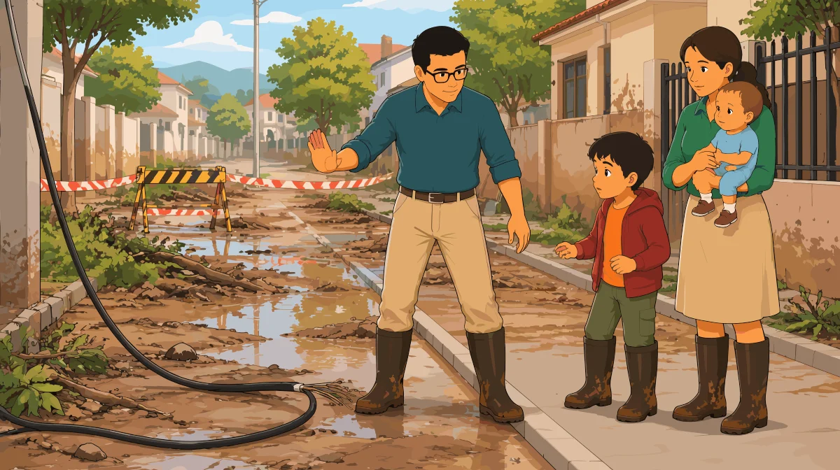 El Padre extiende el brazo para detener al Hijo y a la Madre con el Bebé frente a un cable eléctrico caído sobre el agua y el lodo en una calle vallada.