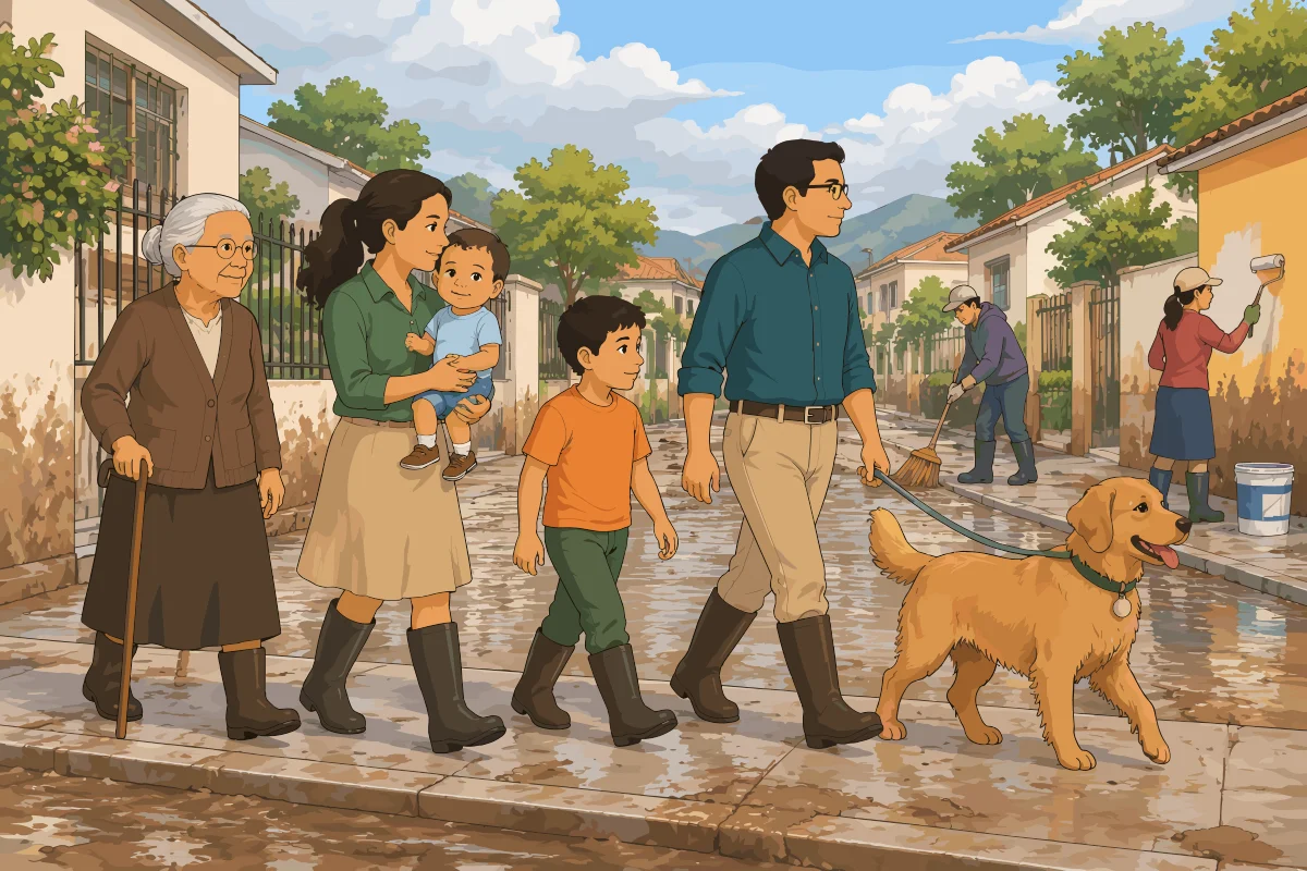 La familia completa camina con botas de goma por la vereda junto a su perro con correa, mientras vecinos limpian y pintan el frente de sus viviendas.