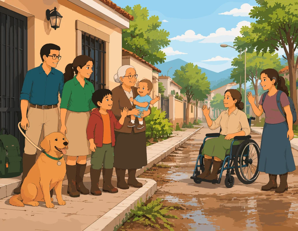 La familia completa junto a su perro en la entrada de su vivienda saluda a una vecina en silla de ruedas y a una joven con audífono médico.