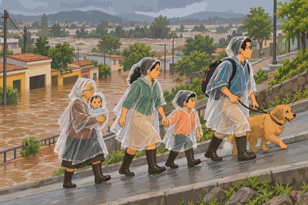 Una familia con ponchos transparentes y botas de goma camina por la acera alejándose de un barrio inundado: la abuela lleva a un bebé en brazos, la madre toma de la mano al niño, y el padre camina con el perro atado a la correa.