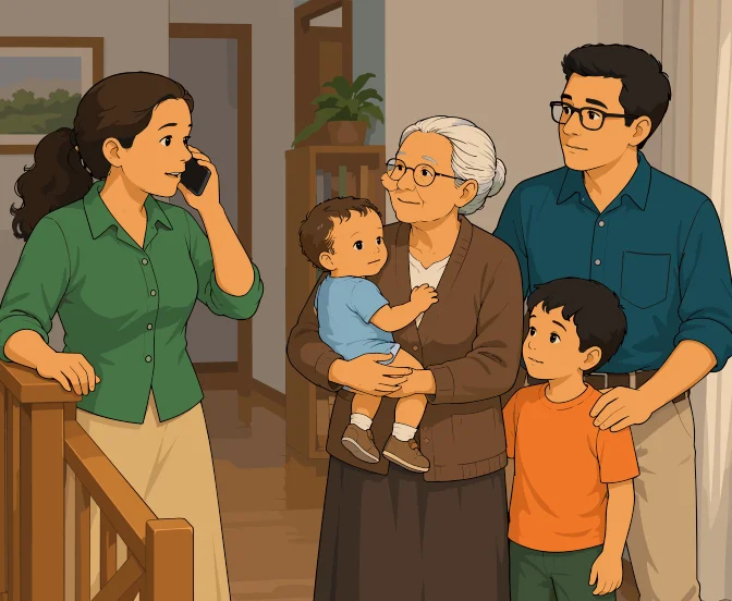 La Madre habla por teléfono junto a la escalera mientras la Abuela sostiene al bebé y el Padre y el Hijo escuchan con atención.
