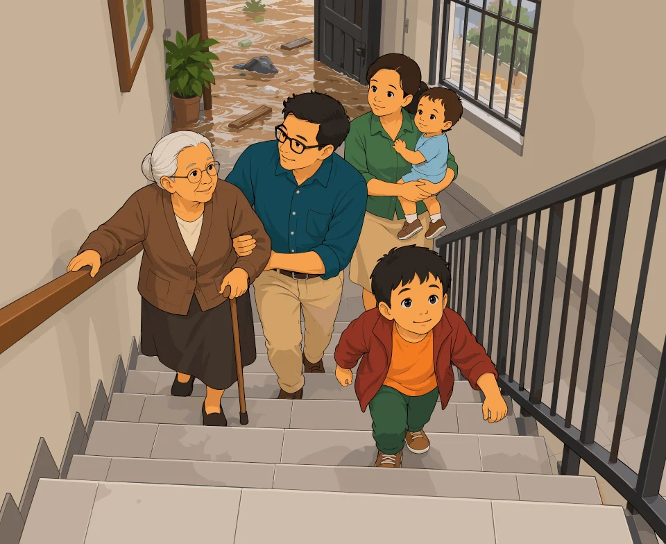 La familia sube por la escalera interior hacia la planta alta mientras el agua marrón con escombros cubre la entrada de la casa.