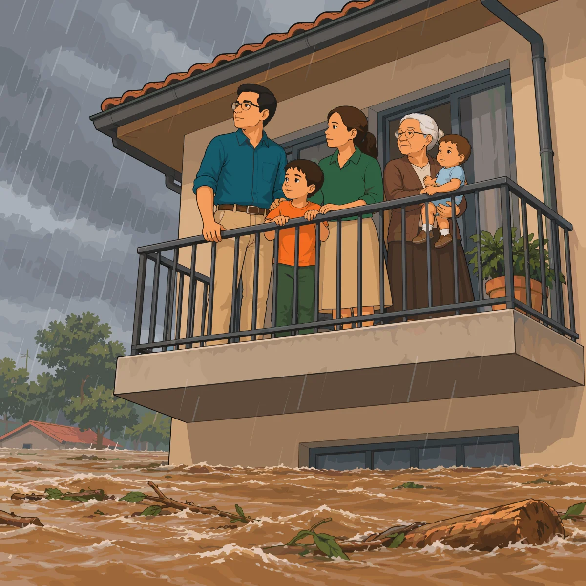 La familia observa desde el balcón de la planta alta cómo el agua marrón con troncos y ramas inunda la calle bajo la lluvia.