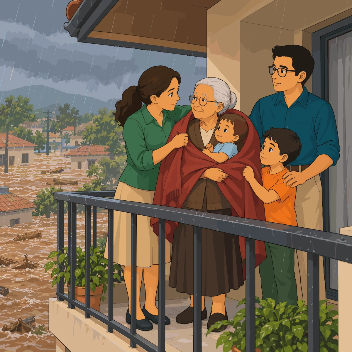 La Madre arropa con una manta roja a la Abuela y al bebé en el balcón mientras el Padre y el Hijo permanecen junto a ellas bajo la lluvia.