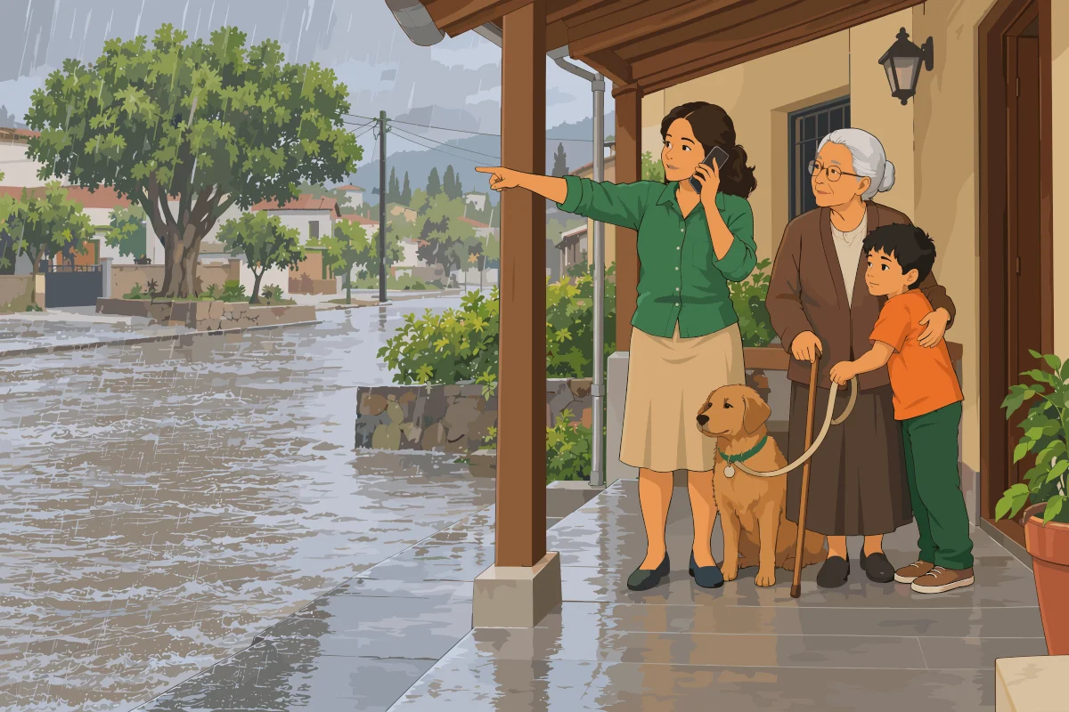 La Madre habla por teléfono y señala la calle inundada desde el portal de la casa, junto a la Abuela, el Hijo y el perro con correa.