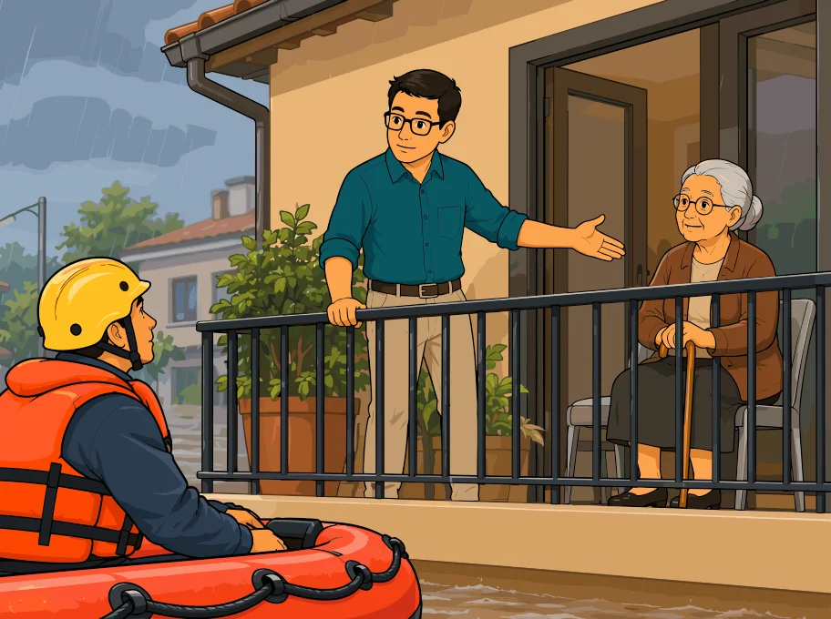 El Padre, de pie en el balcón, presenta a la Abuela sentada al rescatista que se acerca en el bote.