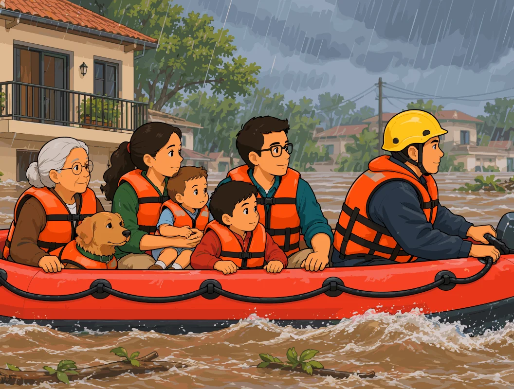 La familia completa, con chalecos salvavidas naranjas y el perro, es evacuada en el bote por el rescatista bajo la lluvia.
