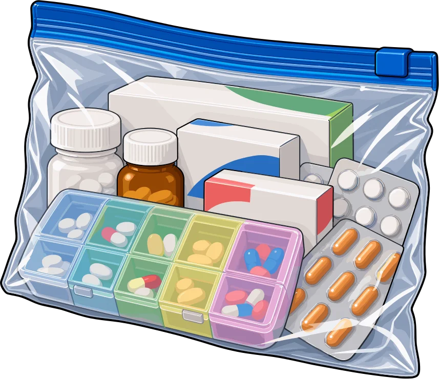Bolsa transparente con medicamentos esenciales: frascos, cajas, blísteres y pastillero semanal de colores.