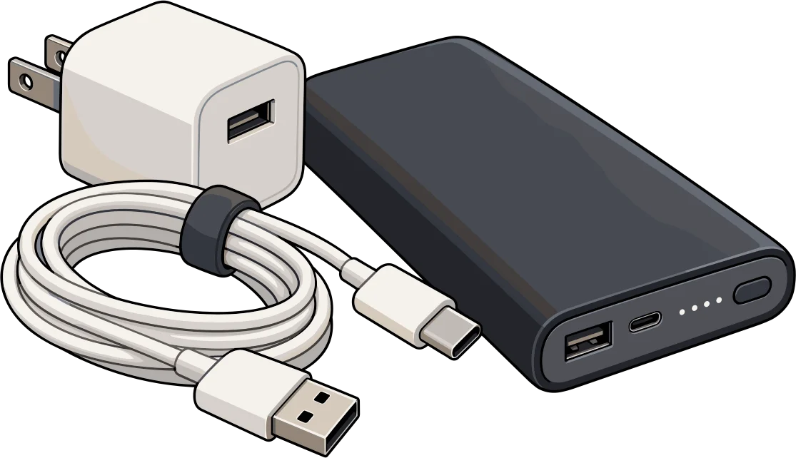 Cargador de pared, cable USB enrollado y batería externa portátil.