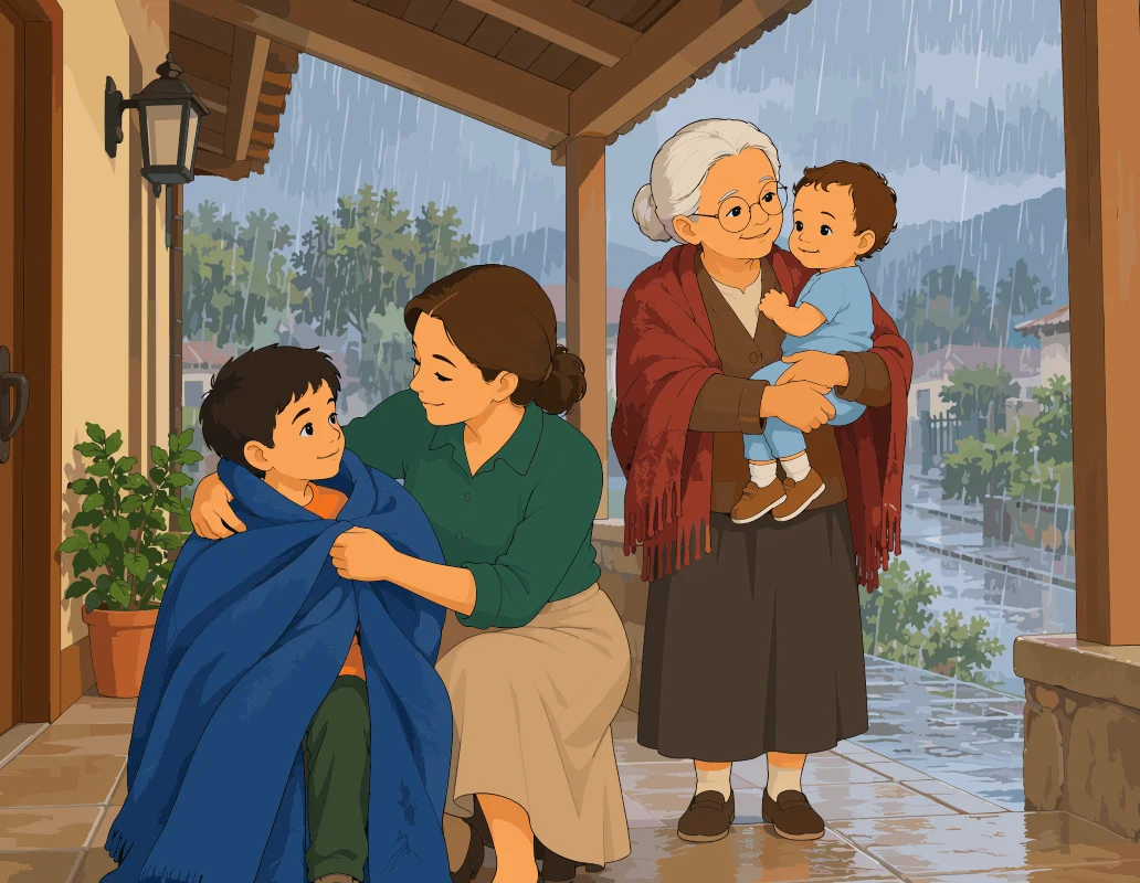Bajo el techo de una galería mientras llueve sobre la calle inundada, la Madre envuelve al Hijo en una manta azul seca y la Abuela, abrigada con un chal, sostiene al bebé en brazos.
