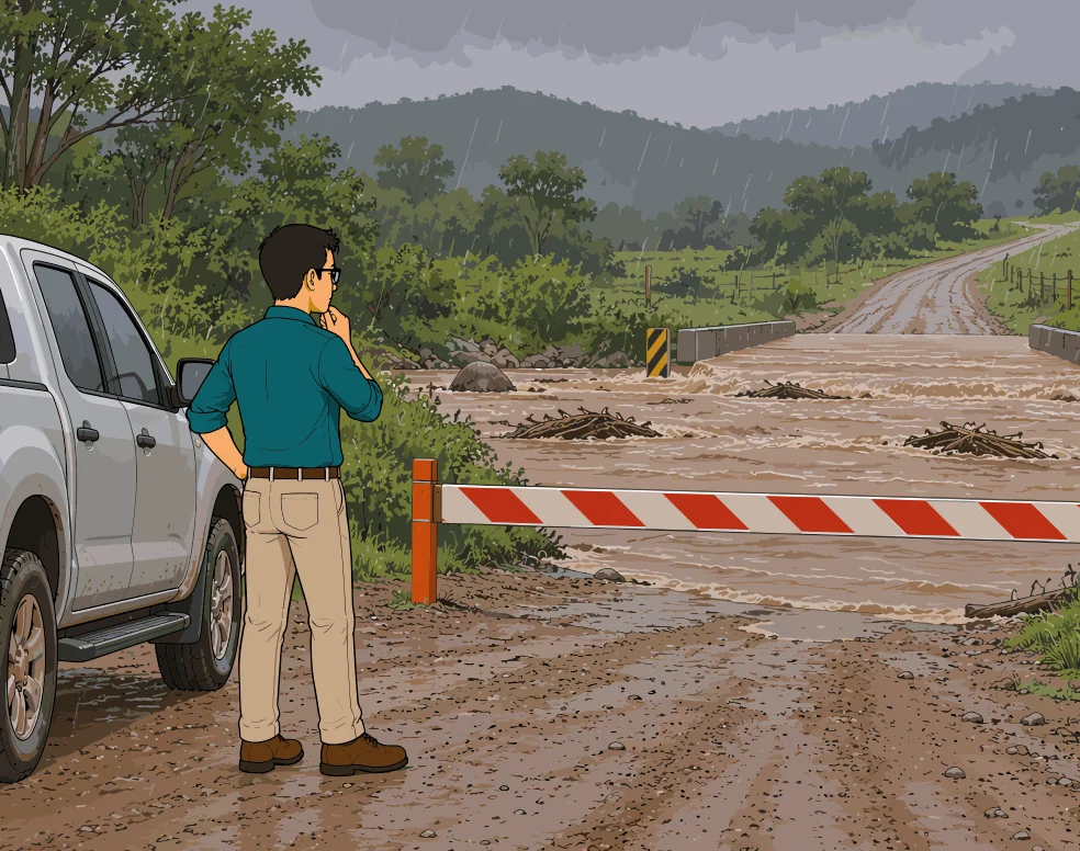 El Padre, de pie junto a su camioneta detenida en un camino rural de tierra bajo la lluvia, observa una valla roja y blanca que cierra el paso ante un puente cubierto por la crecida marrón con ramas.