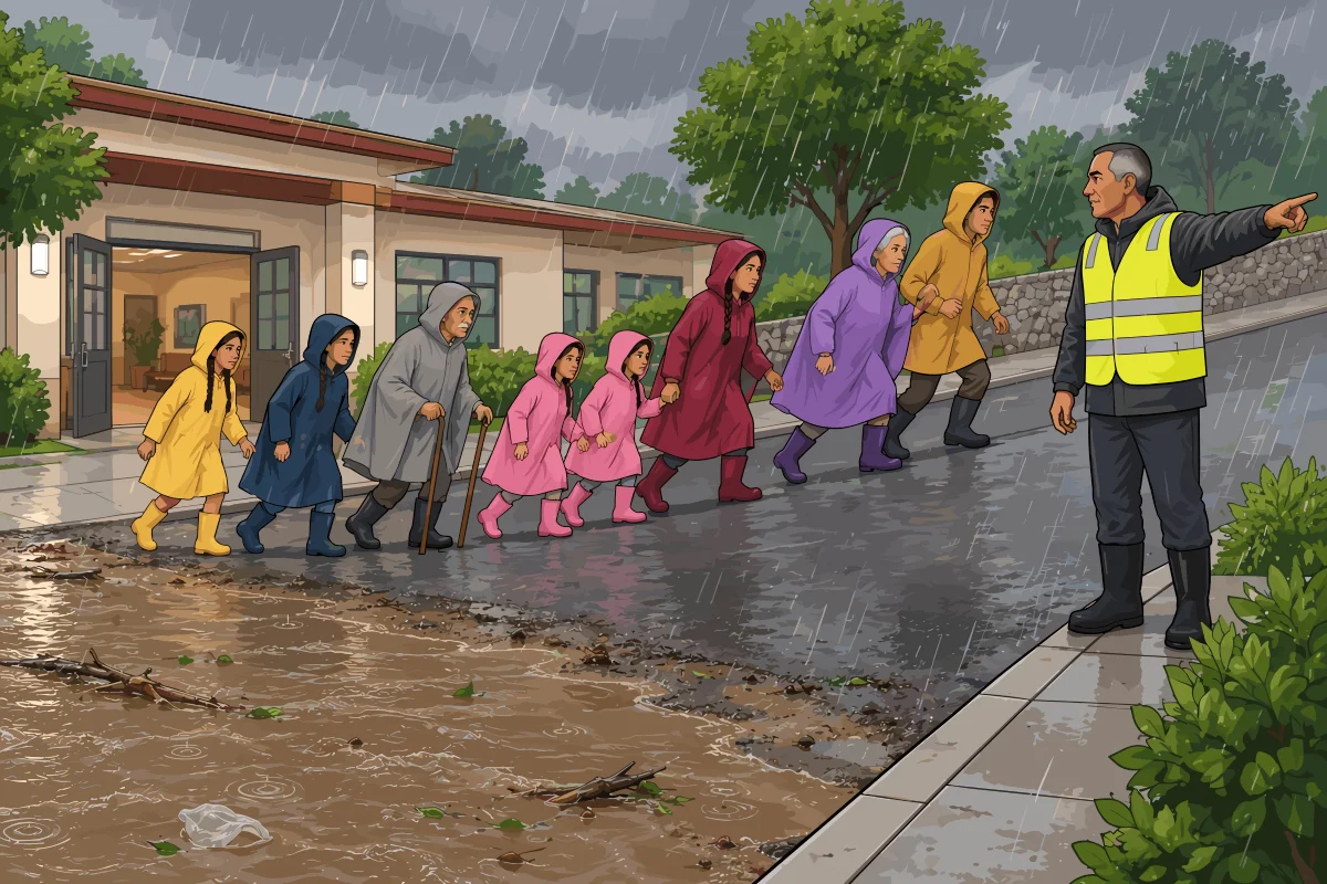 Un responsable con chaleco reflectante y botas de goma dirige hacia una calle en pendiente a un grupo de niños, adultos y personas mayores con impermeables que evacúan un centro comunitario bajo la lluvia, alejándose del agua acumulada.