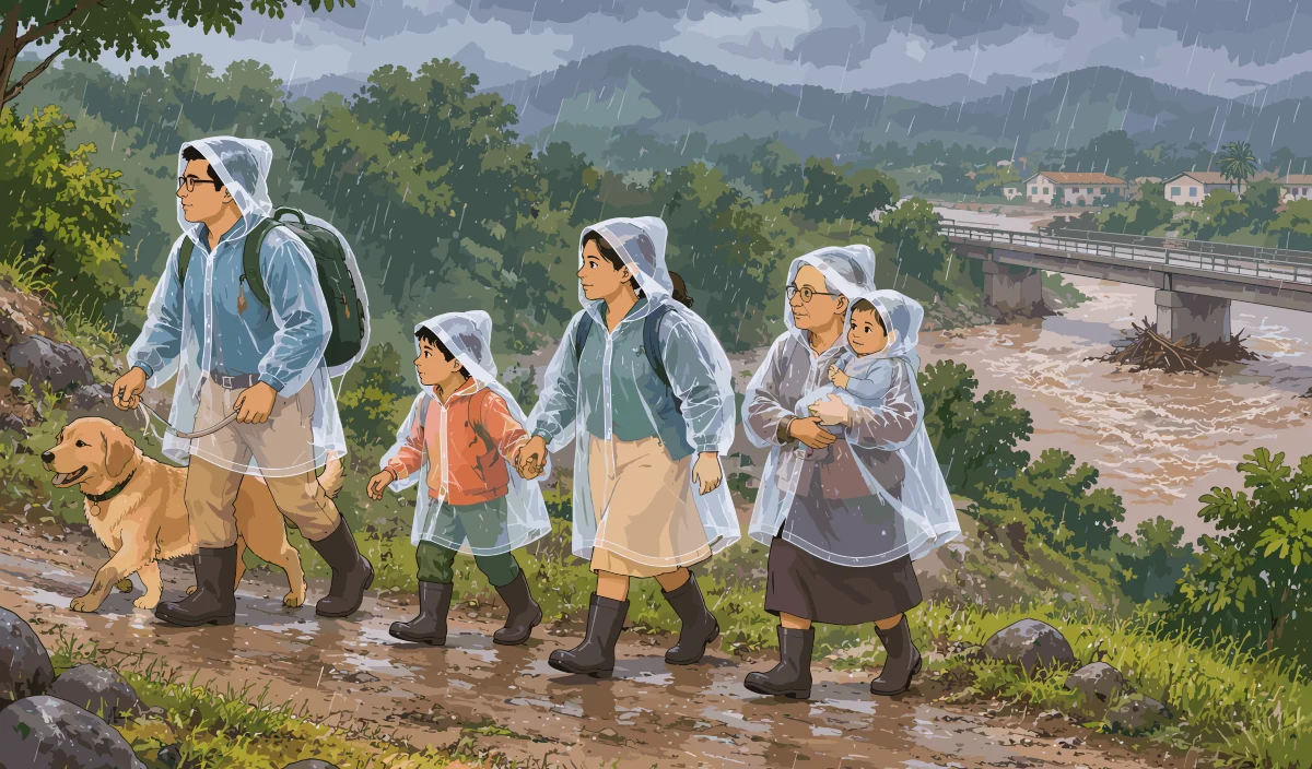 La familia completa con ponchos impermeables, botas de goma, mochilas de emergencia y su perro con correa camina por un sendero elevado bajo la lluvia, alejándose de un río crecido y un puente al fondo.